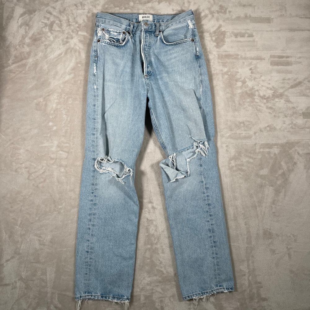 Agolde Women's Jeans Distressed Straight Leg Denim Button Fly 26 Blue